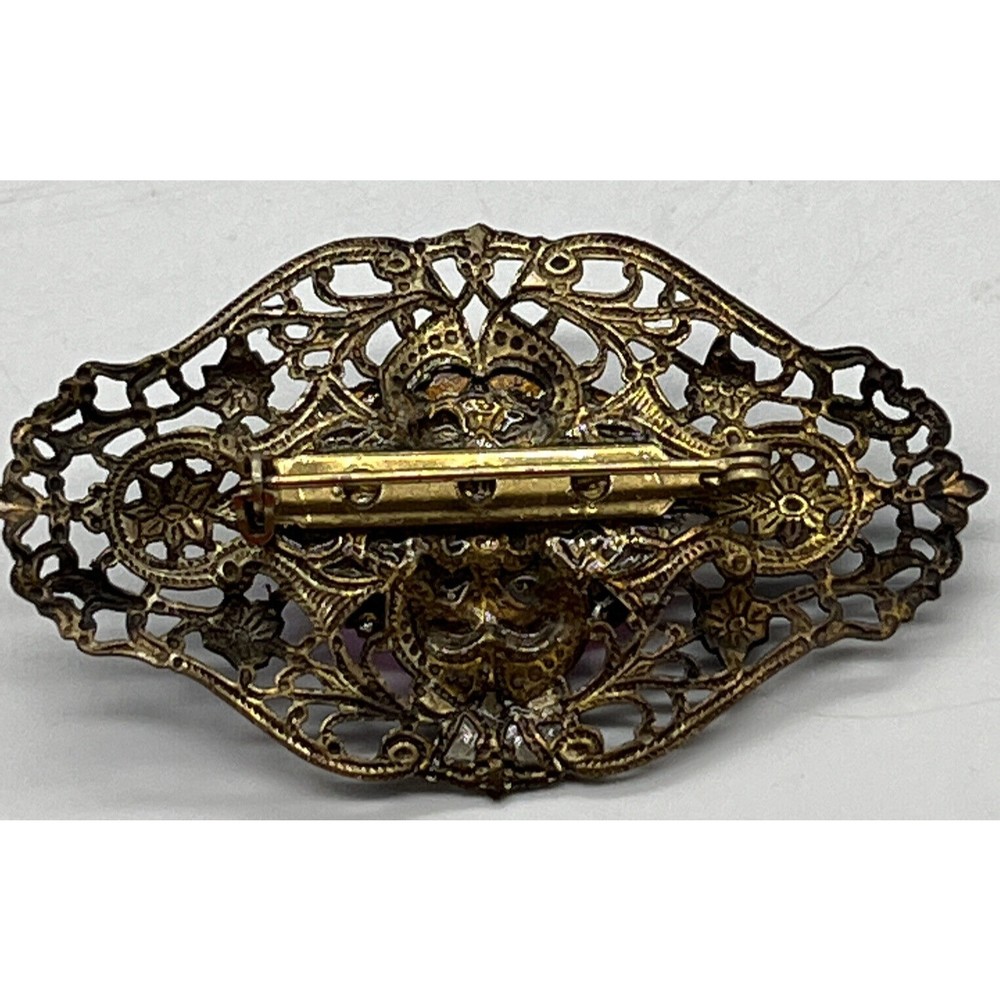 Old Metal Brooch Pin with Pink Glass Gem Brooch Is 3” X 2” , Gem Is 1” Long - Picture 5 of 10